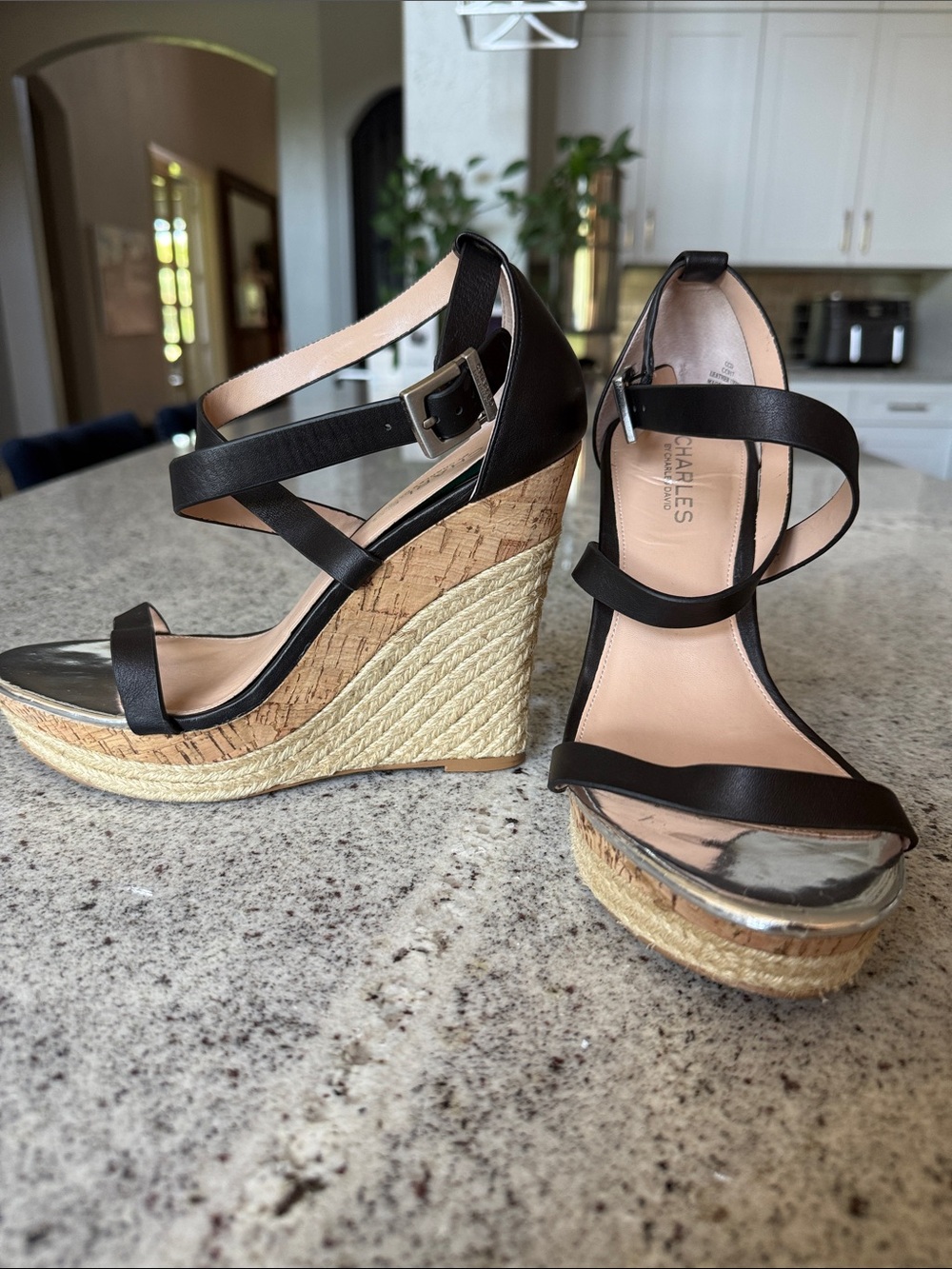 Charles by Charles David Black Strappy Espadrille Wedge Sandals